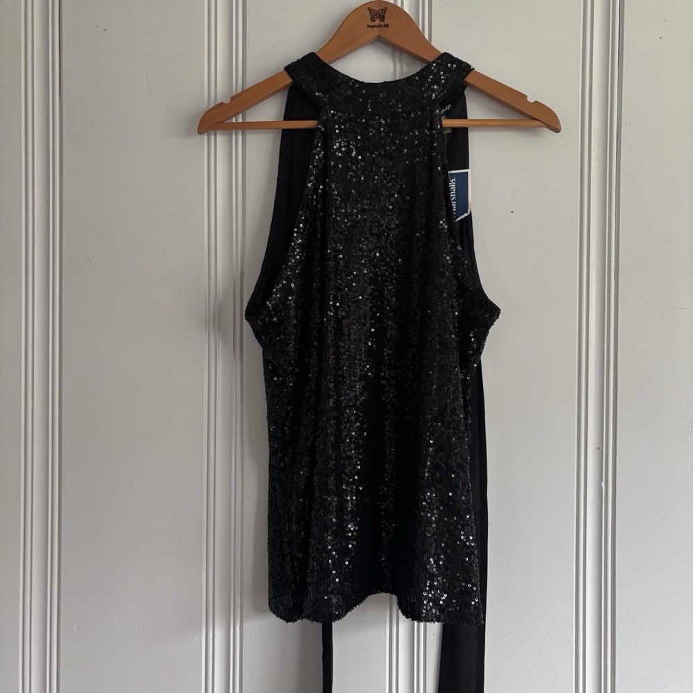 Black Sequin Halter Top Cable & Gauge Party Blouse Shirt Women Size L Shiny NYE